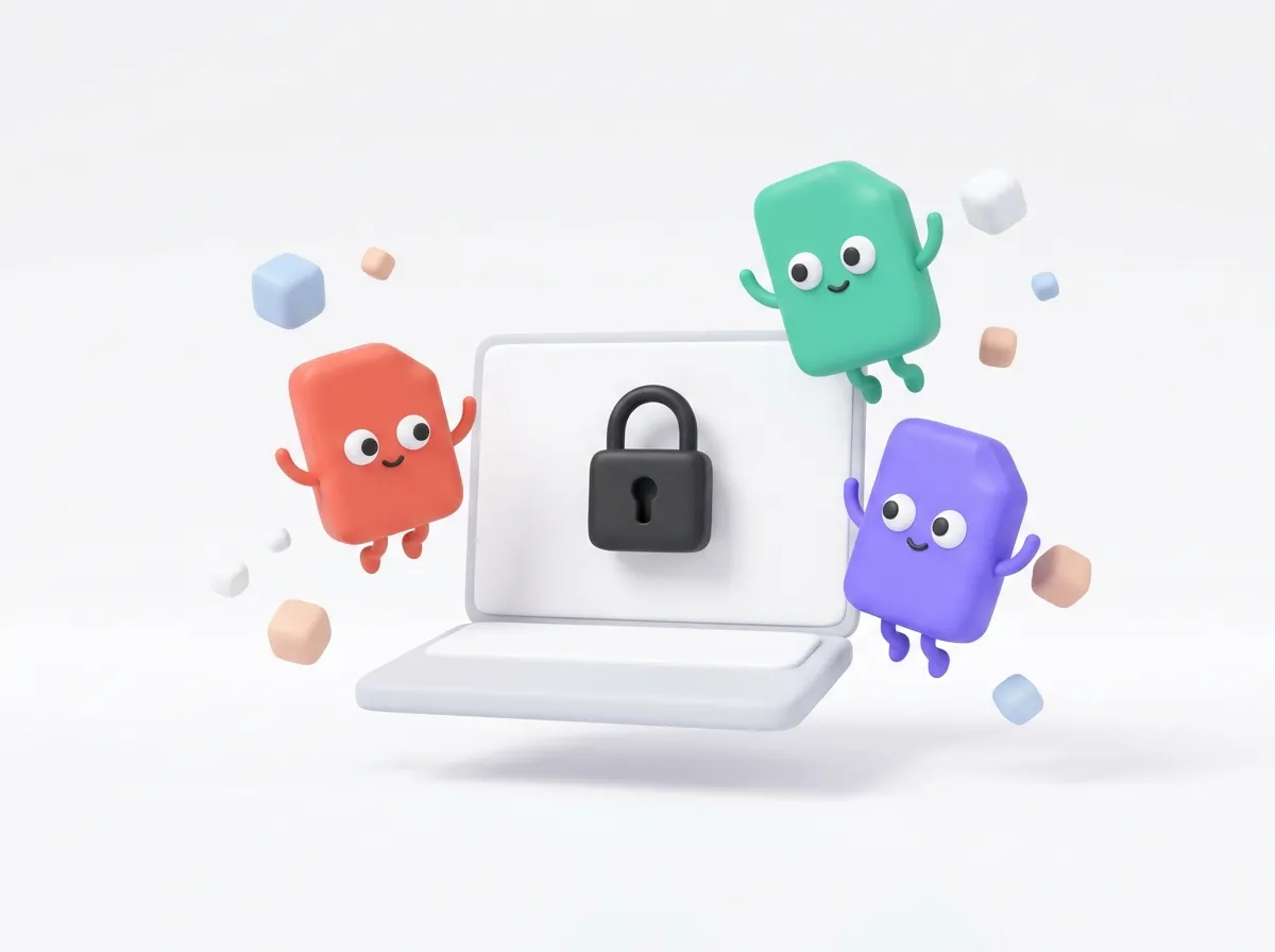 File characters circling a laptop with a padlock