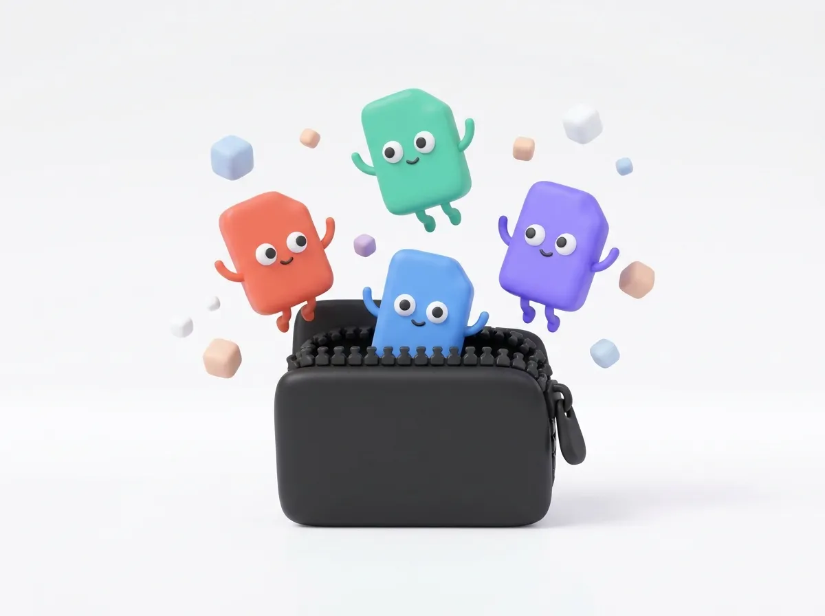 File characters popping out of a ZIP pouch