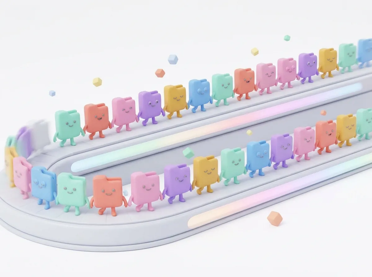Many file characters on a conveyor belt