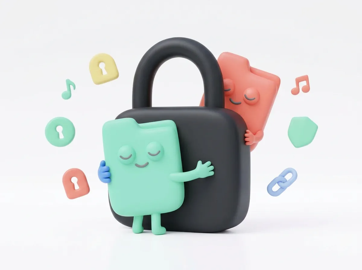 File characters hugging a big padlock