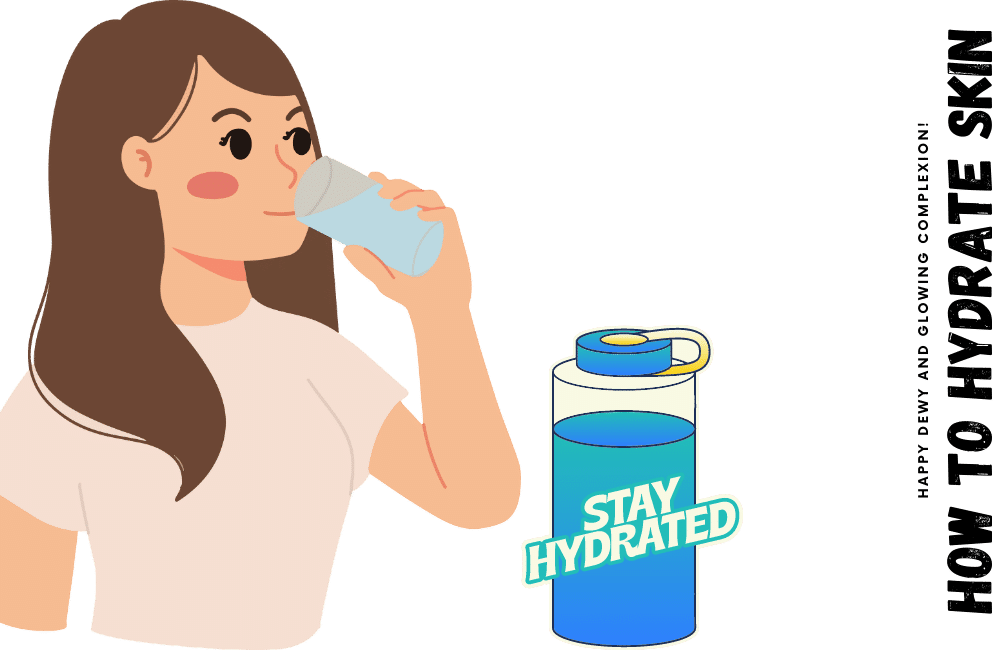 an illustration of a girl is drinking water to hydrate the skin.