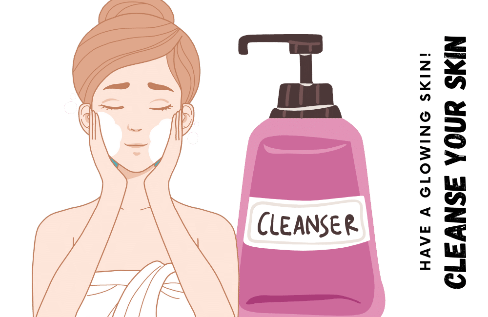An illustration of a girl cleansing her skin as a part of her daily skincare routine.