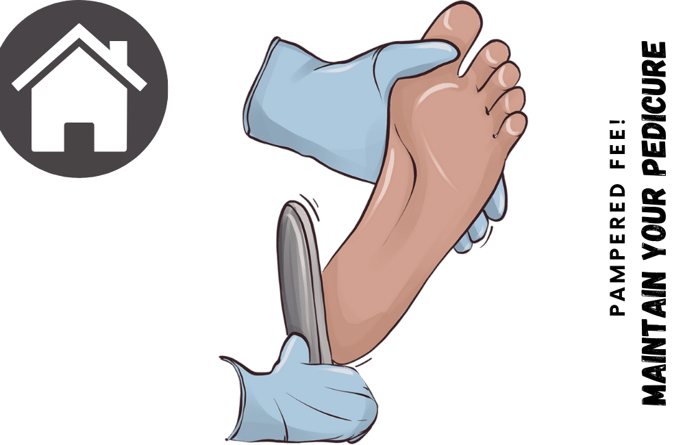 an illustration of a hand and feet doing a pedicure at home.