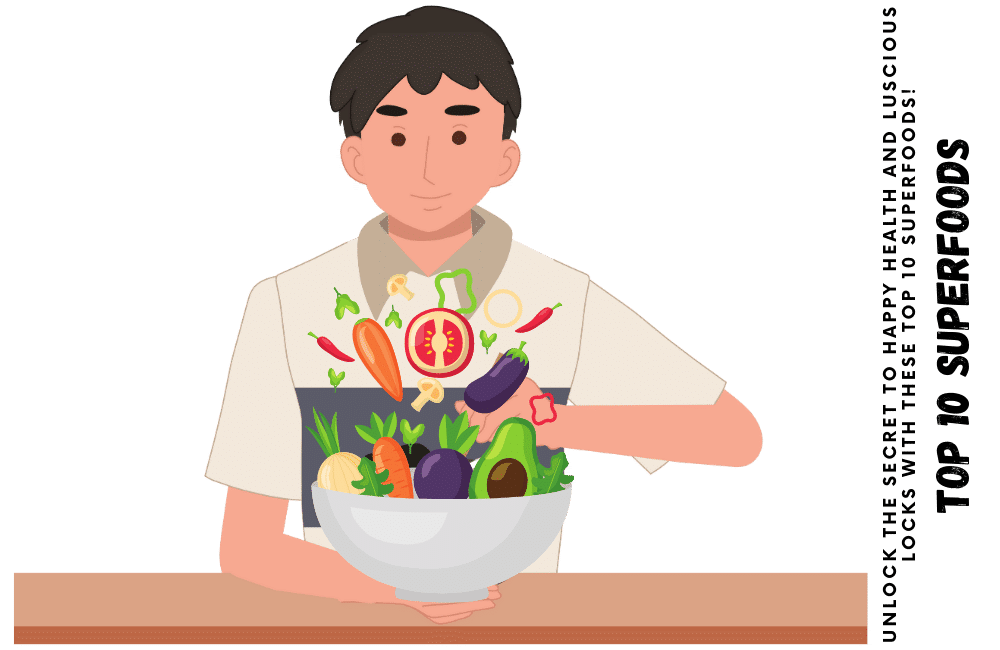 An illustration of a boy eating a top 10 superfood for good health and hair.