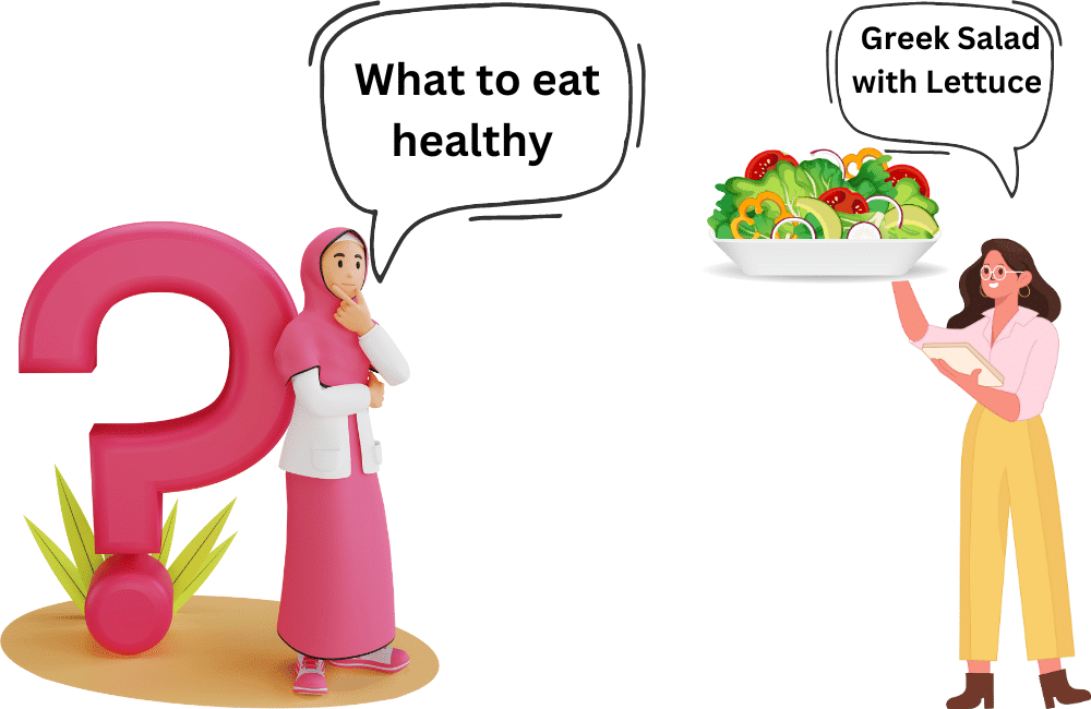 an illustration of a two girls talking about what to eat health and other girl is suggesting Greek Salad with Lettuce.