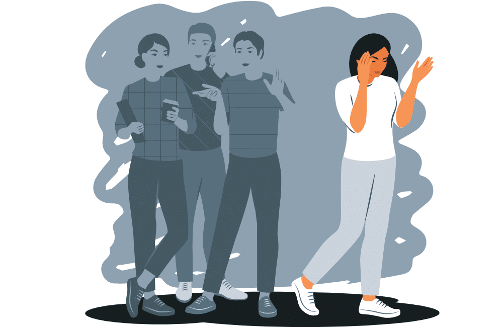 An illustration of a girl is facing anxiety and stress, and three boys are laughing at her back because she doesn't know the exercise improves her mental health.