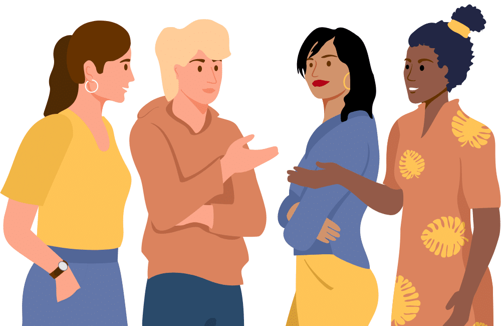 An illustration of different skin types people are discussing the right sunscreen for their skin type.