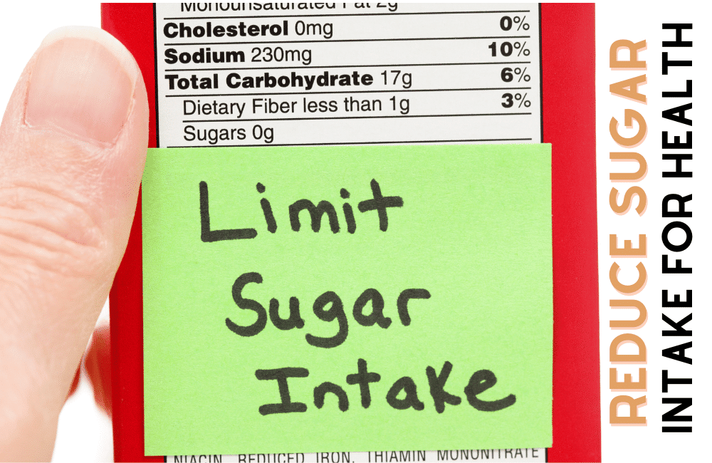 An illustration of a person holding a caution of reducing the sugar intake because it's not good for health.