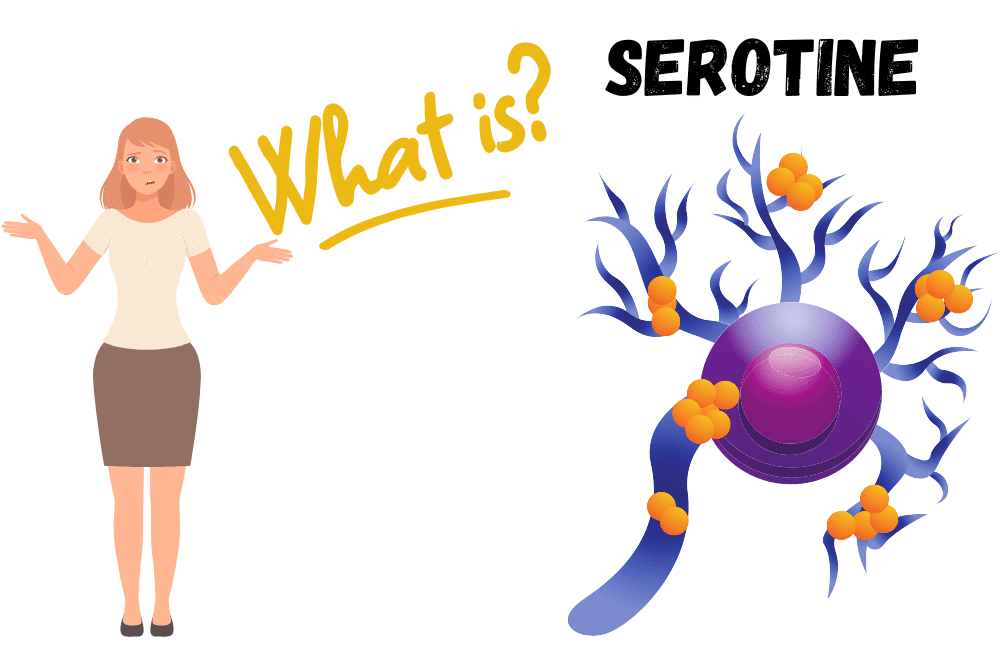 an illustration of a girl standing and asking What is Serotonin?