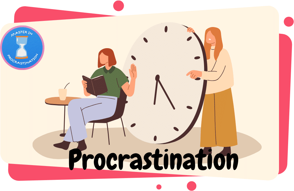 an illustration of a girl is doing procrastination and someone is guiding her.
