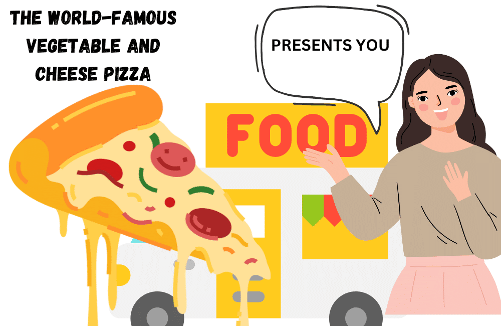AN ILLUSTRATION OF A GIRL PRESENTATING A WORLD FAMOUS VEGETABLE AND CHEESE PIZZA.