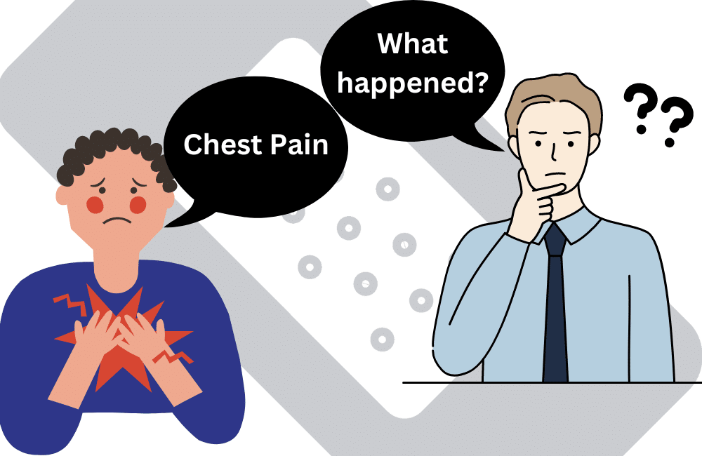an illustration of a man asking what happened to the girl the girls is answering chest pain because of the large cell carcinoma.