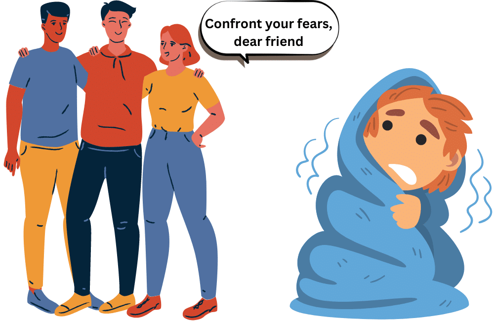 an illustration of a friend tells a Tim to Confront your fears to build confidence.