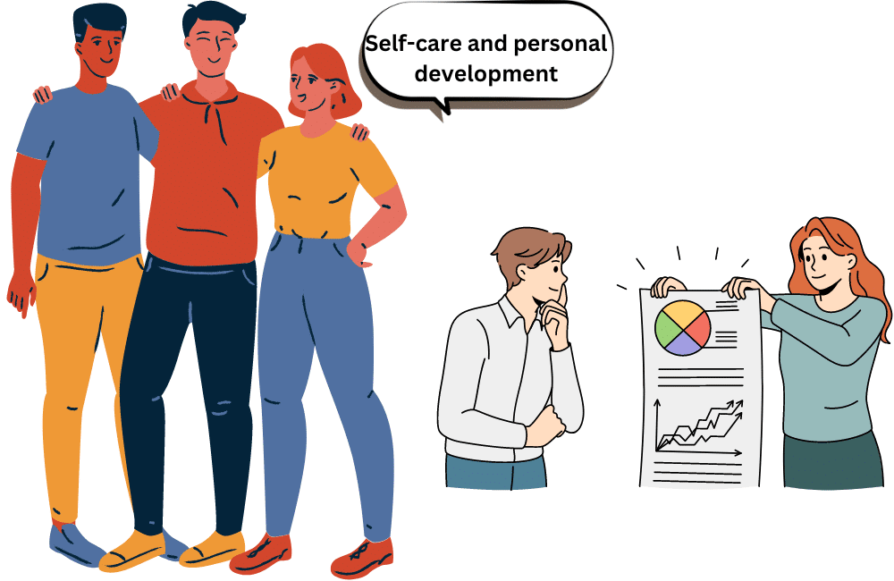 an illustration of a friend tells a Tim to self-care development to build confidence.