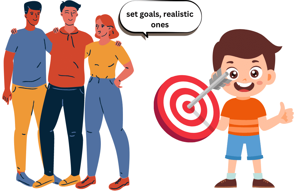 an illustration of a friend tells a Tim to set a realistic goals to build confidence.